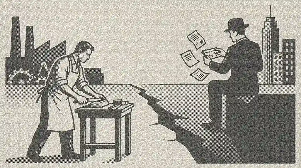Ilustración en tonos grises dividida por una grieta en el suelo: a la izquierda, un artesano trabajando en un taller con fábricas de fondo; a la derecha, un hombre con traje y sombrero revisando documentos frente a un paisaje urbano.