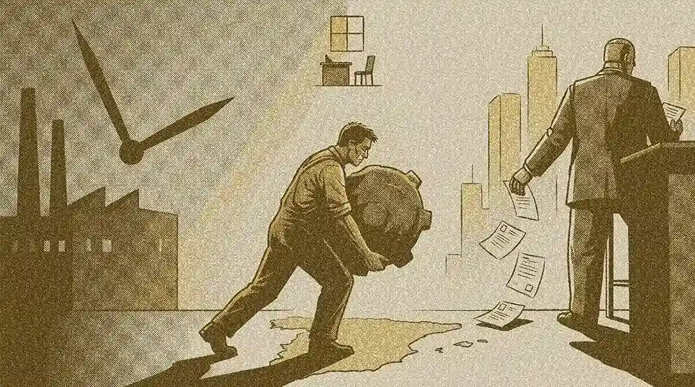 Ilustración en tonos cálidos o sepia de un trabajador cargando un engranaje pesado sobre el mapa de España, con un reloj de fondo y un empresario de traje a la derecha.