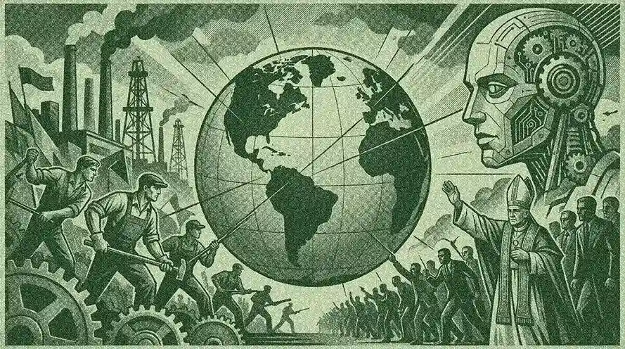 Ilustración en tonos verdes de un globo terráqueo en el centro, flanqueado por obreros e industria pesada a la izquierda, y un rostro robótico de IA junto a figuras religiosas y políticas a la derecha.