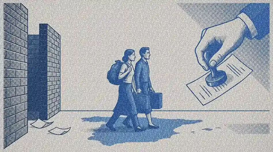 Ilustración en tonos azules de una pareja caminando con equipaje mientras una mano gigante con traje sella un documento, simbolizando la migración y la burocracia.