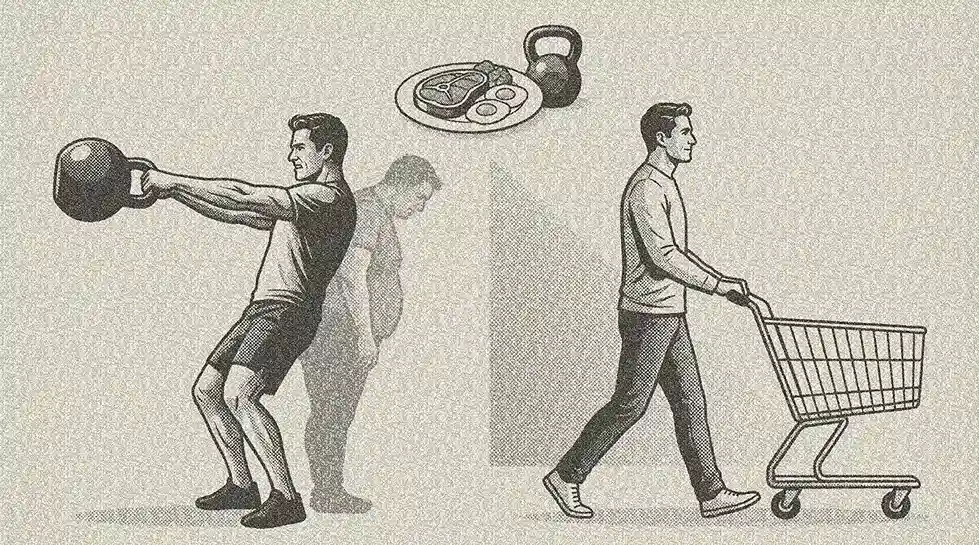 Ilustración en tonos beige de un hombre levantando una pesa rusa dejando atrás la silueta de su cuerpo con sobrepeso, junto a un plato de comida y otro hombre empujando un carrito de la compra.