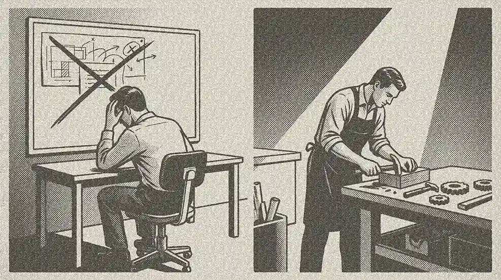 Ilustración dividida en dos partes: a la izquierda, un hombre frustrado frente a una pizarra tachada; a la derecha, un artesano trabajando con herramientas en su mesa.